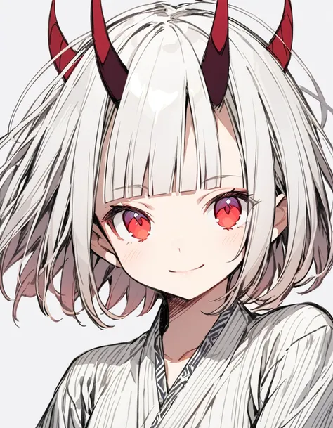 A young girl with horns growing from her forehead(Sketches), (Open Close), (Small body), (White Hair:1.5） (Short Hair:1.4), (Red eyes)(Blunt bangs:1.3)Horns from the forehead　smile
