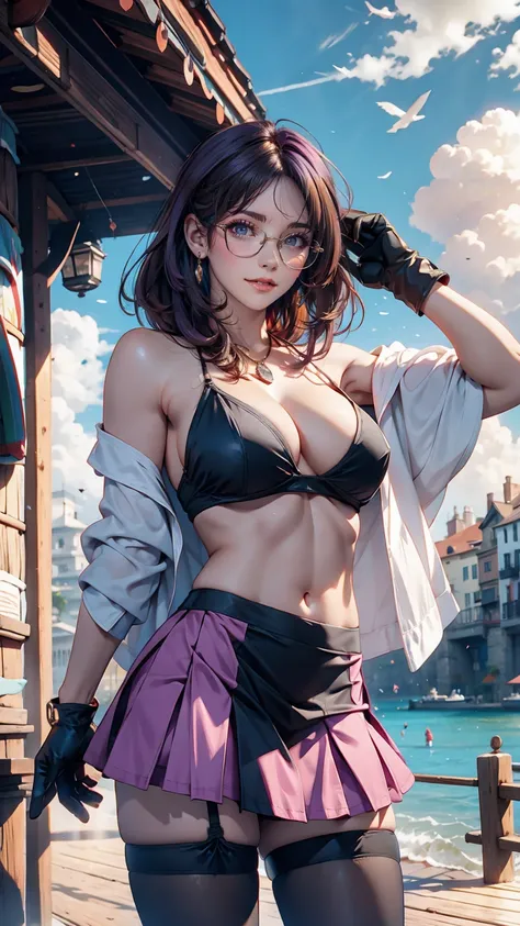 masterpiece, Highest quality,Kentucky Fried Chicken, One girl, 前hair, just_shoulder, skirt, chest, gloves, jewelry, big_chest, length_hair, length_sleeve, pantyhose, purple_eye, purple_hair, shirt, alone,Audience,sunglasses,bikini, (sun, cloud,A renaissanc...