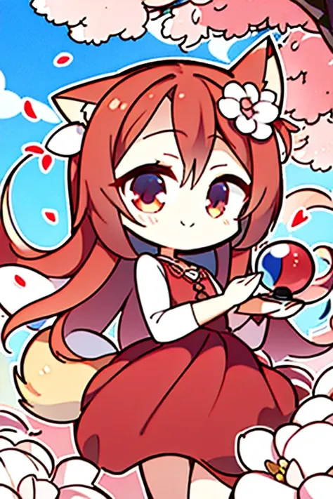 A red haired fox woman with a left red eye and right blue eye with an hourglass figure with red fox ears and a red fox tail in a cute summer dress is smiling in a flurry of peony petals in a park