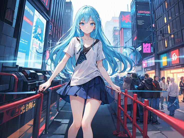 (masterpiece:1.2), best quality, highres, original, (extremely detailed:1.2), ultra-detailed, wallpaper, perfect lighting,(extremely detailed CG:1.2), 8k, anime illustration, 1boy, cross-dressing, long hair, light-blue hair, (cyberpunk fashion, short-sleev...