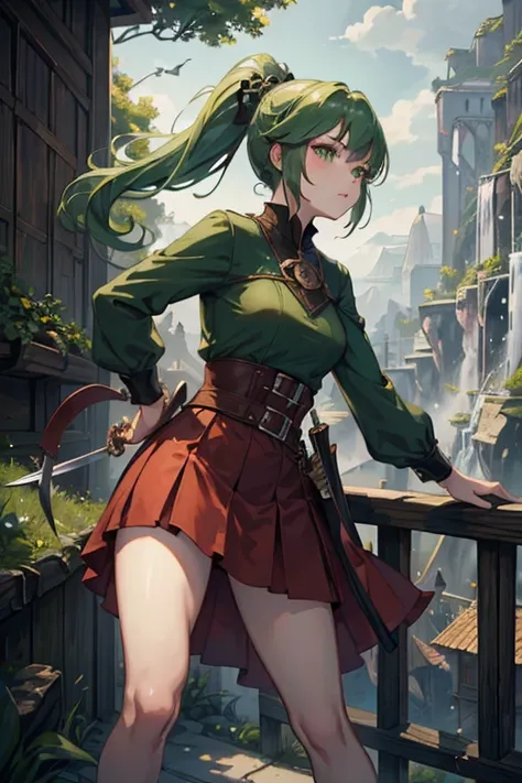 (masterpiece, highest quality:1.2), one girl, alone，ponytail，green and white gradient hair，green eyes,adventurer,middle ages,lea...