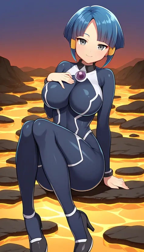 best quality,ultra detailed,solo,score_9, score_8_up, score_7_up, score_6_up, score_5_up, score_4_up, source_anime, 1girl, clara, blue hair, hair tubes, grey eyes, bodysuit,big breasts, sexy pose, (front view,portrait),full body, sitting on lava,heavenly a...