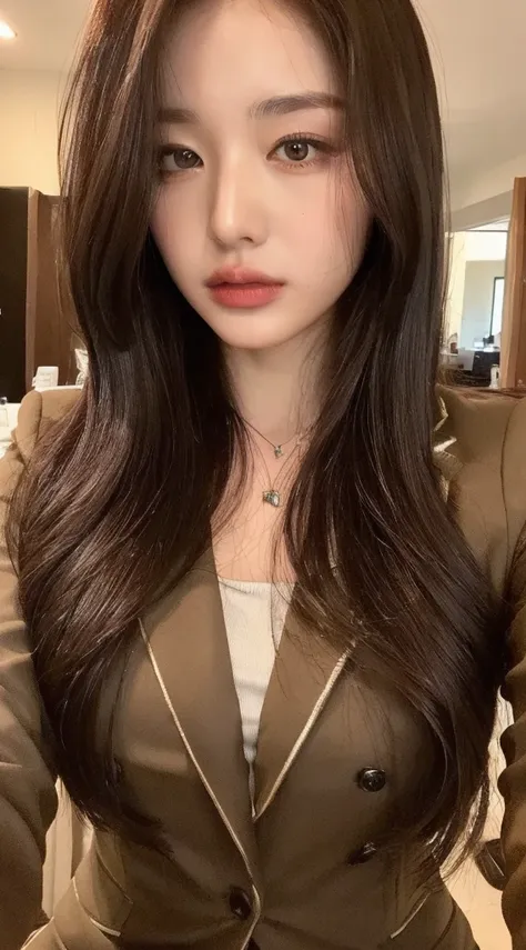 ((top quality, 8k, masterpiece: 1.3)), beautiful woman, 1 woman, slender figure: 1.1, dark brown hair, brown suit, super detaile...