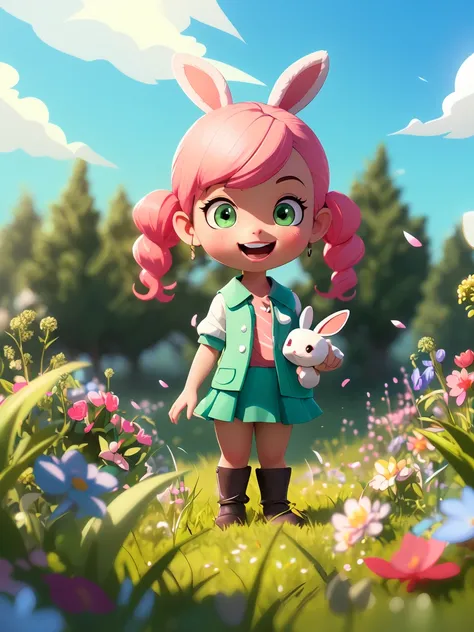 A girl，Normal proportion，make faces, Holding a little rabbit in his hand，Double ponytails，Short skirt，Standing on a meadow full of flowers，Sunshine on the face，Bright green，Medium shot，Studio Gippley style，Miyazaki style，2.5D，Game texture，lifelike