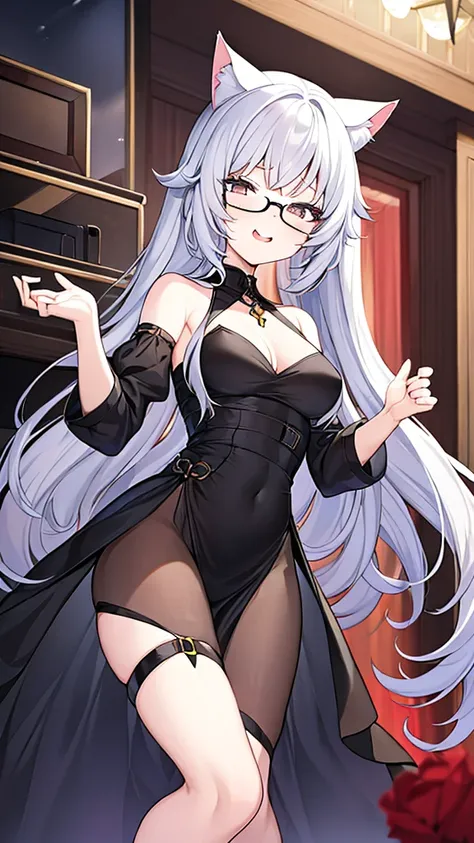 A 20-year-old cat girl with long black hair, gray eyes, cat ears and a cat tail, wears glasses, a sexy black evening dress that reaches to her feet, ยืน ก้มลงและมองลง