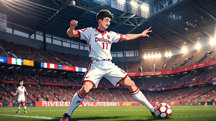 create a realistic image of shohei ohtani playing as a forward in a soccer match. he should be wearing a soccer uniform, prefera...