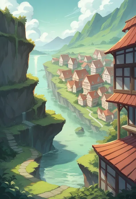 Anime scenery of a small town with a high wall from a cliff overlooking a body of water