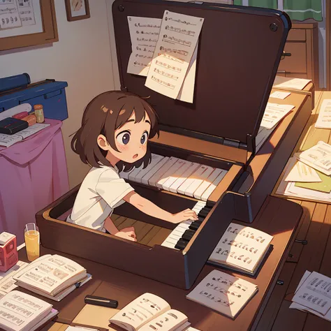 A third grade elementary school girl practicing piano in her room