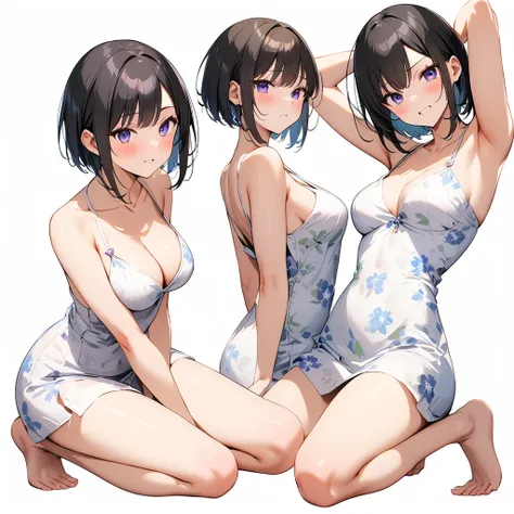 16k works,Highest quality,18-year-old,No background.White background only,whole body、Kneel,Dynamic and sexy pose, One person, Beautiful Face,, Symmetrical eyes, Perfect body, Good balance、 Perfect body、Bob black hair、（Floral Yukata 1.2）