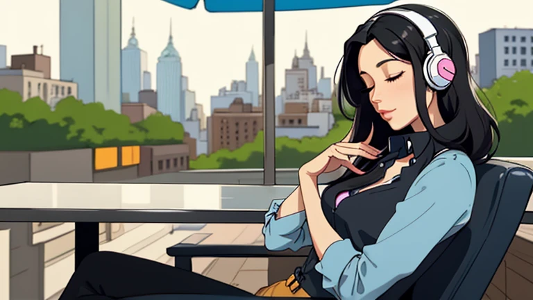 Beautiful woman in her 30s with black hair is sitting with headphones on the cafe terrace. Looking down, eyes closed, LOFI girl, alone in the room, blue blouse, relaxing mood, cozy, only five fingers, new york, colorful, Well-proportioned face, 