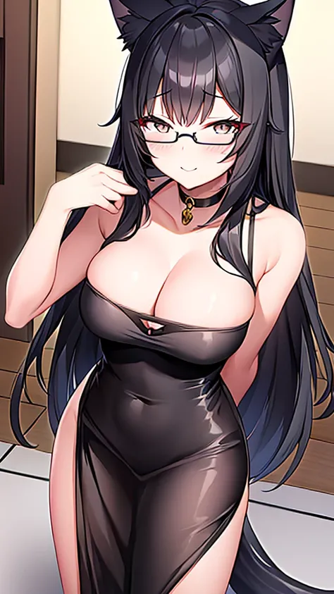 A 20-year-old cat girl with long black hair, gray eyes, cat ears and a cat tail, wears glasses, a sexy black evening dress that reaches to her feet, ยืน ก้มลงและมองลง