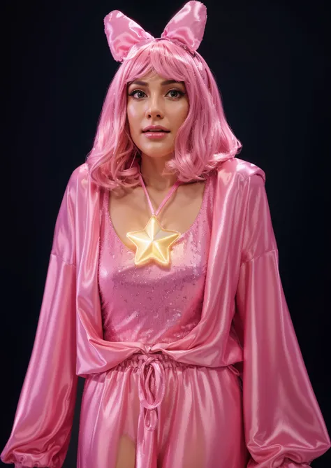  The image shows a woman with a pink wig, wearing a pink dress, and a pink star on her neck, smooth 3d model, glossy plastic texture, multiple light sources, rim light, sharp post effects render, most beautiful vfx, , realistic, 4k, high resolution, rim li...