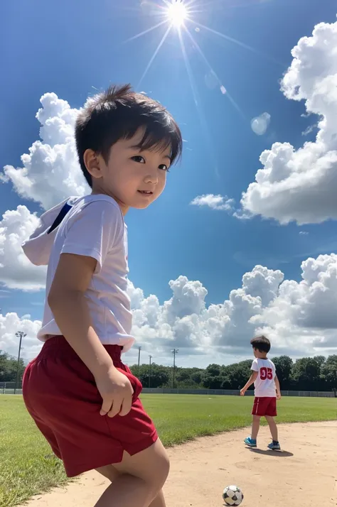 (masterpiece, 最high quality, high quality, High resolution:1.4), detailed,Soft indirect lighting, 4K,blue sky，cumulonimbus，Children playing soccer，Back view