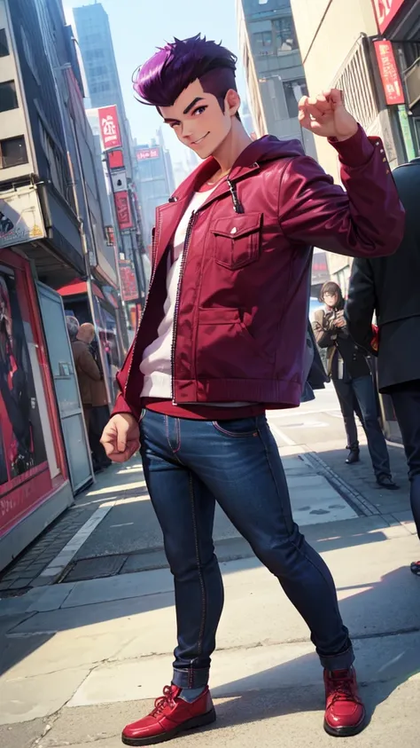 Bad boy, low angle, purple pompadour, red jacket and jeans, looking at camera, smiling, Tokyo city，Pocket Hand，anime