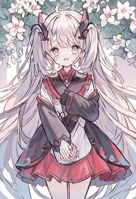 white hair、short hair、curls、pale red eyes、cute clothes、jacket、black skirt、turbid、sit在地板上、sit、hair swaying、floral scent、sad girl、...