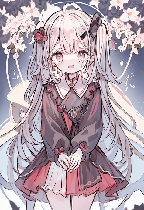 white hair、short hair、curls、pale red eyes、cute clothes、jacket、black skirt、turbid、sit在地板上、sit、hair swaying、floral scent、sad girl、...