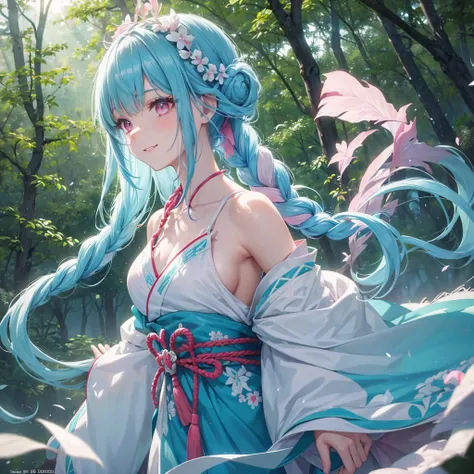 sky Blue hair, (braided ponytail),(pink eyes),fair skin ,(full body),1 girl,happy smile,white red kimono,Fresh green forest,Forest Goddess,Straight Bangs,(masterpiece, best quality, ultra-detailed, best shadow), (detailed background), (beautiful detailed f...