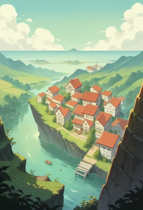 Anime scenery of a small town on a cliff overlooking a body of water