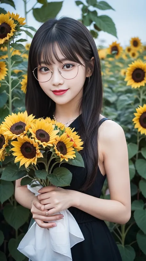 Beautiful girl with glasses, Long black hair, Bouquet of sunflowers and red roses, Bright colors, smile, 8K quality, Focus of the film, close your eyes