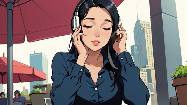 Beautiful woman in her 30s with black hair is sitting with headphones on the cafe terrace. Looking down, eyes closed, LOFI girl, alone in the room, blue blouse, relaxing mood, cozy, only five fingers, new york, colorful, Well-proportioned face, Beautiful h...