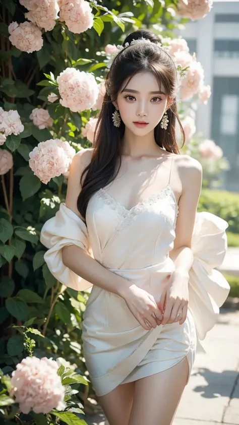 ((Bare shoulders)), ((Shot in the knee)), ((Standing and walking)), ((Elegant and charming gesture)), ((Close-up shot)), Photo of woman with flowers in hair, Portrait of Du Qiong, CG Trends, Reality, Beautiful Chinese model, Traditional Beauty, Chinese Gir...