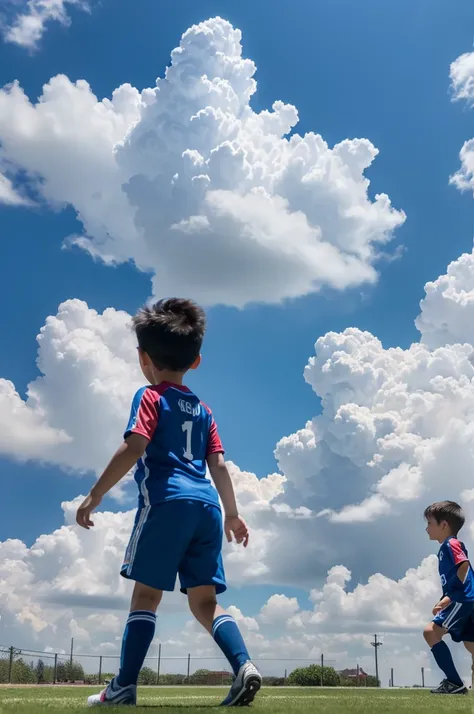 (masterpiece, 最high quality, high quality, High resolution:1.4), detailed,Soft indirect lighting, 4K,blue sky，cumulonimbus，Children playing soccer，Back view