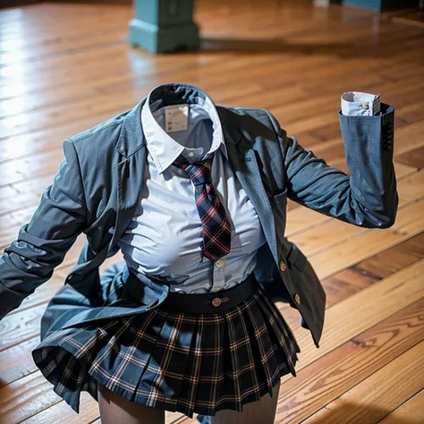 school blazer laid on floor, plaid skirt, stripe tie, fat, cute big breasts, (invisible, no human, headless, handless:1.5)