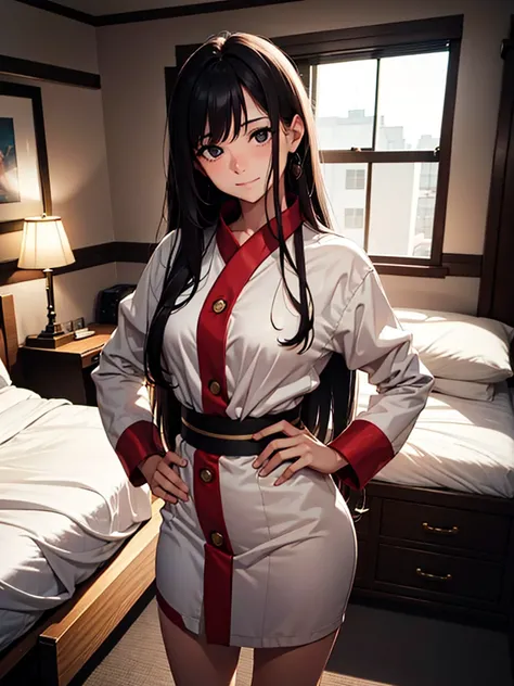 (​masterpiece、top-quality、hight resolution、Unity 8k Wallpaper、extremely details CG:1), In a dimly lit hotel room, standing before her is the prostitute she is about to have sex with, and she immediately recognizes him as the delinquent girl who used to bul...