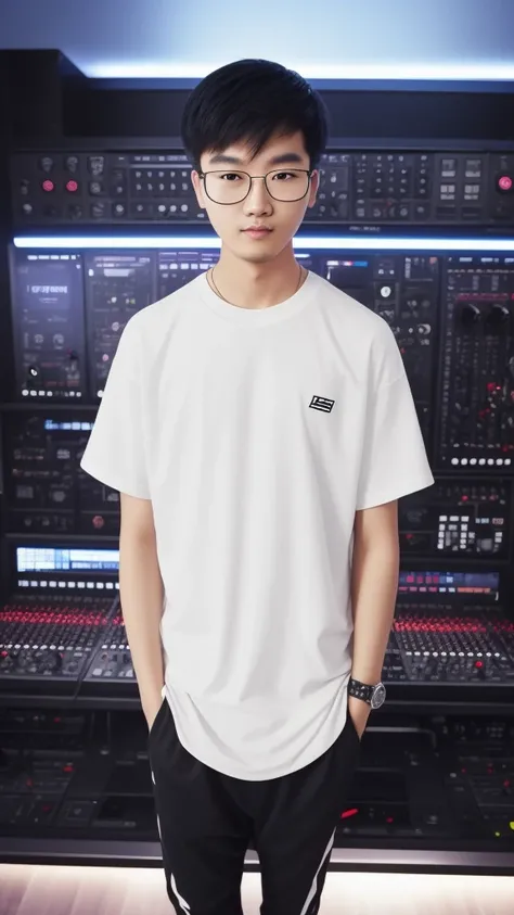 21 year old Chinese boy, he is wearing a oversize white t shirt XXL, he is wearing black Jogger trousers, he is wearing black sneakers, he is wearing glasses, he is dancer of a DJ set , NIGHTCLUB, full body,  he is buzz cut Hair, foot