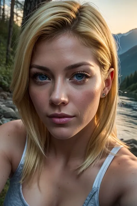 photo realistic, best quality, hyper detailed, gorgeous Katheryn Winnick (40 years old:1.5), selfie photo, upper body, only, wearing tank top, al fresco, (sunset), mountains, nature in real life, (cheerful, happy), sleeping bag, flowing hair, (blonde:1.5),...