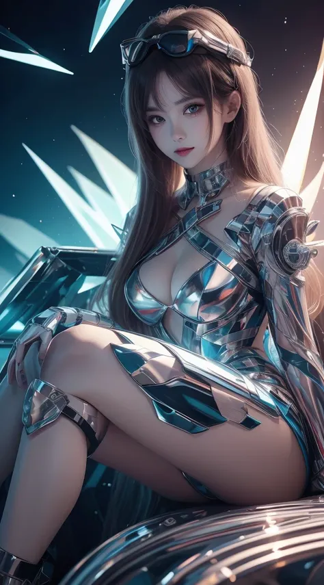 8K uhd, materpiece, a beautiful girl, detaild eye, good face, detaild eyebrow, beautiful outfit, blue color outfit, cyberpunk, Cyberspace, shining, diaco lighting, sitting, whole body capture,