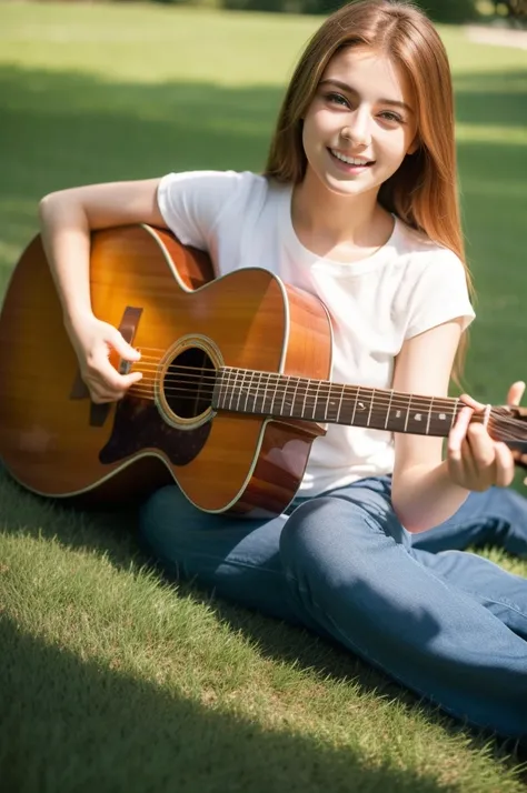 Generate an ultra-realistic image of Sophia Garcia, a 20-year-old Turkish woman, sitting on lush green grass in a peaceful outdoor setting. Sophia is playing the guitar with skill and enthusiasm, and she has a joyful smile on her face. The natural surround...