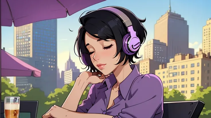 Beautiful woman in her 30s with short black hair is sitting with headphones on the cafe terrace. Looking down, eyes closed, LOFI girl, alone in the room, purple blouse, relaxing mood, cozy, only five fingers, new york, colorful, Well-proportioned face, Bea...