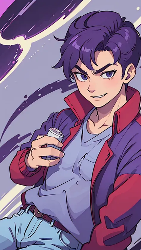 Bad boy, low angle, purple pompadour, red jacket and jeans, looking at camera, smiling, Tokyo city，Pocket Hand，anime