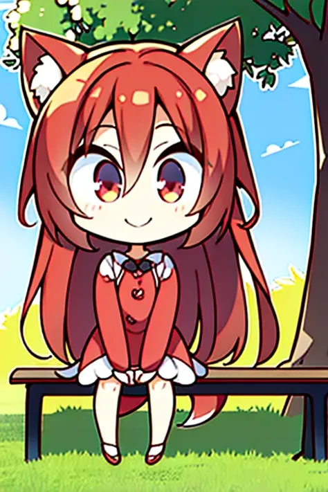 A red haired fox woman with a left red eye and right blue eye with an hourglass figure with red fox ears and a red fox tail in a cute summer dress is  smiling while sitting on a bench in the park