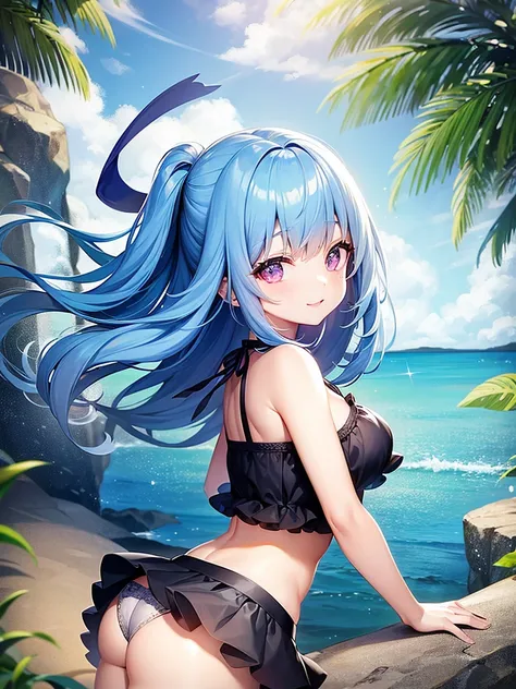 Ocean、blue sky、One girl、Light blue hair、bangs、Big Eyes、Pink Bikini、surfboard、Looking this way and smiling、Highest品質, High definition, Ultra-fine, Highest_detailed