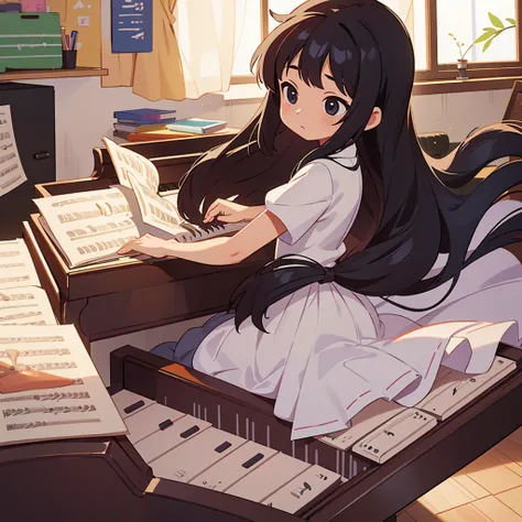 A third grade elementary school girl practicing piano in her room. The girl has long hair. The girl has black hair. She is playing the piano happily.