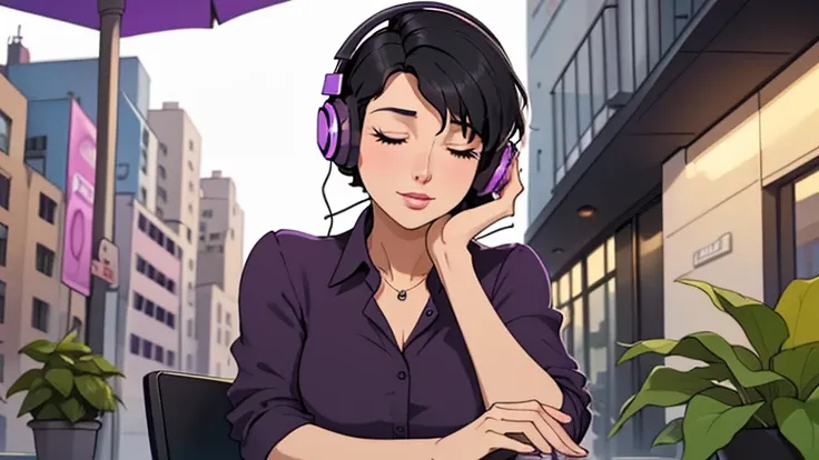 Beautiful woman in her 30s with short black hair is sitting with headphones on the cafe terrace. Looking down, eyes closed, LOFI girl, alone in the room, purple blouse, relaxing mood, cozy, only five fingers, new york, colorful, Well-proportioned face, Bea...