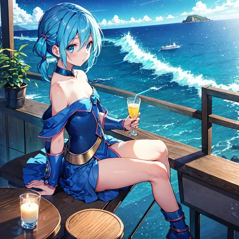 Bar in the sky, 1girl, solo, alone, ,flat chest,blue hair,short twintails,middle hair,sky blue eyes,sitting at bar counter, from side, drinking, (ocean:1.3), candles, starry sky, shooting stars, masterpiece, best quality, ultra detailed,bar