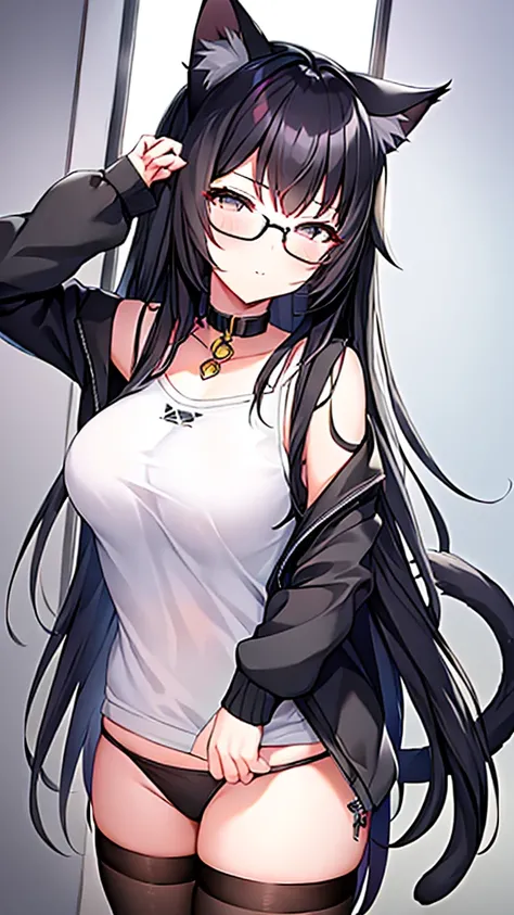 A 20-year-old cat girl with long black hair, gray eyes, cat ears and a cat tail, wears glasses, ชุดราตรีสีดำยาวทั้งขา sexy , ยืน มองลง