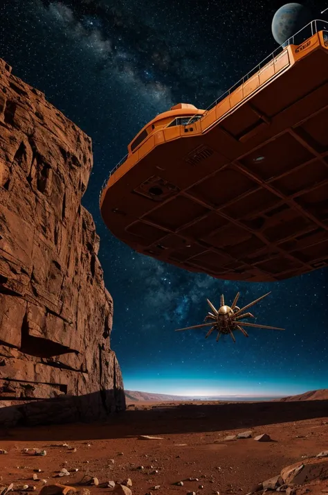 A starship on the surface of a red planet fights hordes of spiders.