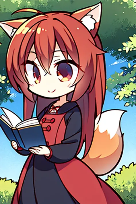 A red haired fox woman with a left red eye and right blue eye with an hourglass figure with red fox ears and a red fox tail in a cute summer dress is reading in the park with a big smile