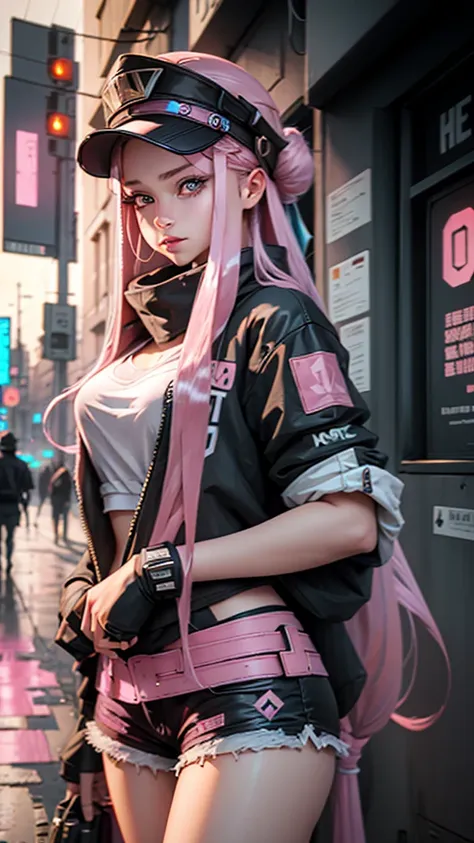 Beautiful woman medium hair, Wearing a hat, Cyberpunk Shorts,masterpiece, Highest quality, High resolution, {Detailed and beautiful eyes}, finely,  Detailed and beautiful eyes,Pink Eyes,(((Long pink hair))),