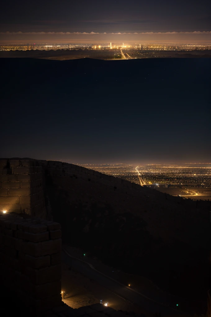 large desert plain at night, in the distance a large illuminated city, the city is surrounded by a great wall protected by the army, the view is facing the wall