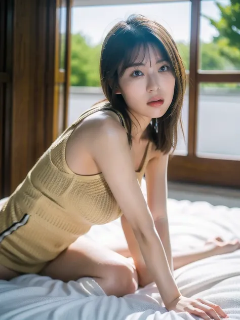 there is a woman laying on a bed with her legs up, full body xianxia, Yoshitomo Nara, sitting on a bed, pretty face with arms and legs, reclining on bed, laying on a bed, Chiho, dilraba dilmurat, milky white skin, young pretty gravure idol, 1girl,sexy pose...