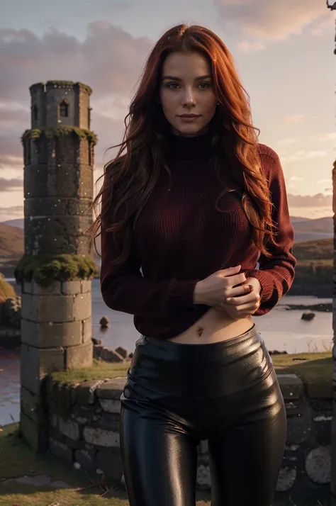 a gorgeous Russian woman, wavy crimson red hair in the wind. shes a men magazine model, She has a subtle smile and flirts with the camera, (she wears leather shirt), (with a long wool sweater and pvc leggings:1.2),background landscape of Scotland Loch and ...