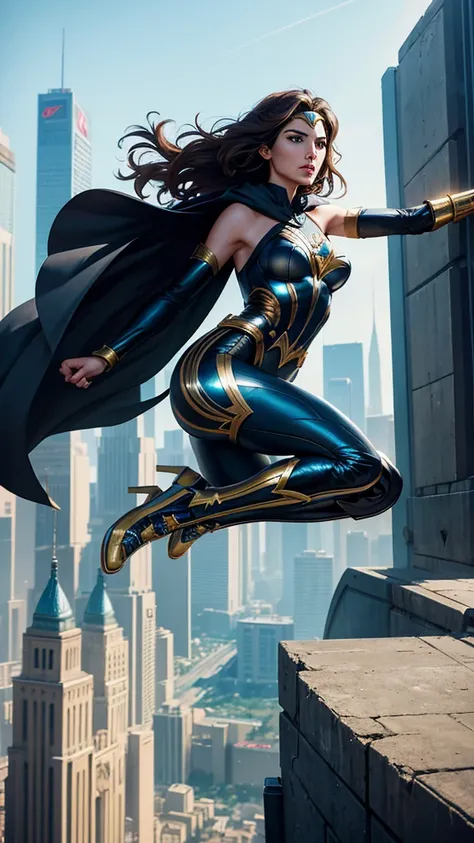 A City with a Beautiful Woman Gal Gadot with Wheeled Sneakers, Aerodynamic Jumpsuit, Helmet with visor Gloves with protective pads, jewelry and elbow pads, Short Cape and Logo and Emblem and with the Power to fly in 75% levitation