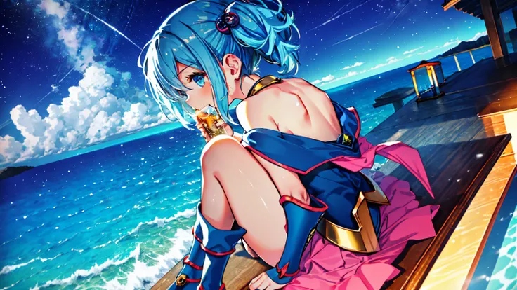 Bar in the sky, 1girl, solo, alone, ,flat chest,blue hair,short twintails,middle hair,sky blue eyes,sitting at bar counter, from side, drinking, (ocean:1.3), candles, starry sky, shooting stars, masterpiece, best quality, ultra detailed,bar