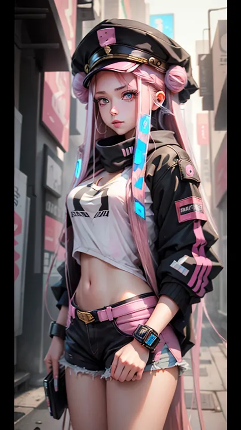 Beautiful woman medium hair, Wearing a hat, Cyberpunk Shorts,masterpiece, Highest quality, High resolution, {Detailed and beautiful eyes}, finely,  Detailed and beautiful eyes,Pink Eyes,(((Long pink hair))),