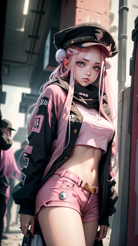 Beautiful woman medium hair, Wearing a hat, Cyberpunk Shorts,masterpiece, Highest quality, High resolution, {Detailed and beautiful eyes}, finely,  Detailed and beautiful eyes,Pink Eyes,(((Long pink hair))),